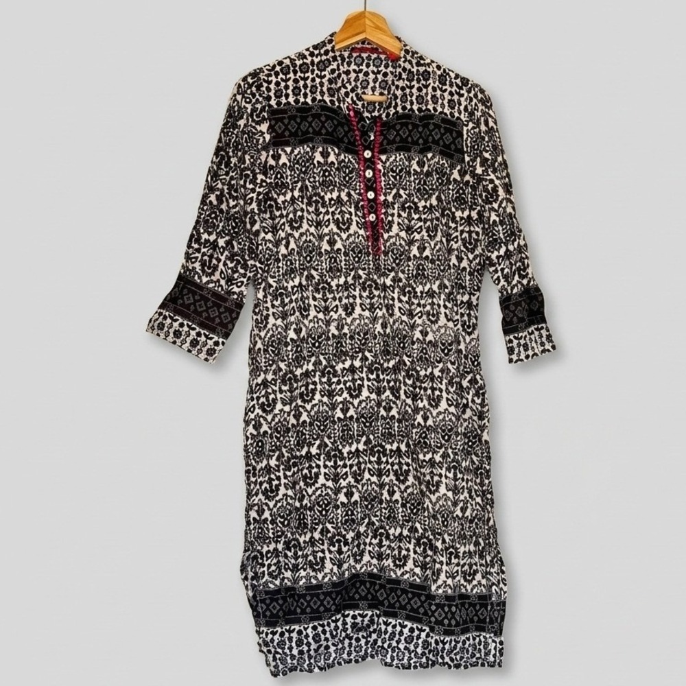Pink Almirah Womens Navy White Floral Tunic Dress Eclectic Artisanal Folk Boho